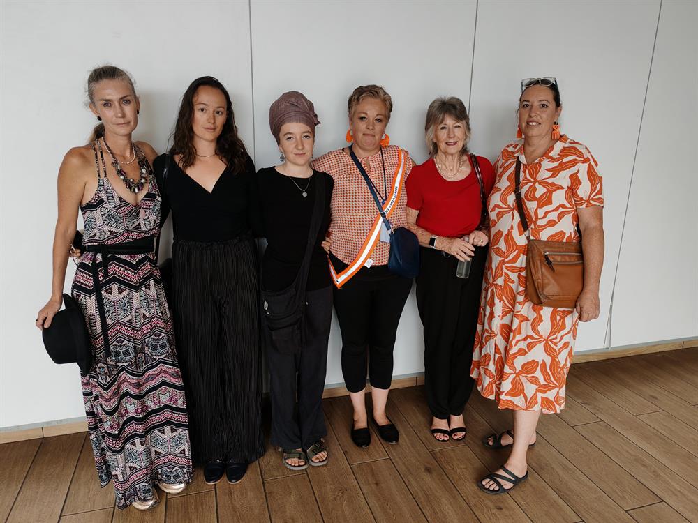 Some of the women attending the court proceedings, all of whom felt strongly that bail must be opposed in the case of The State vs Van Druten: Zanatoa Ings (former business acquaintance of Van Druten), Kharma Rossi (Get Nosey), Grace Ash (Get Nosey), Sarah Duijvestijn (anti-GBV activist), Janet Harding (retired anti-GBV activist) and Victoria Rowe (anti-GBV activist). Photo: Marguerite van Ginkel